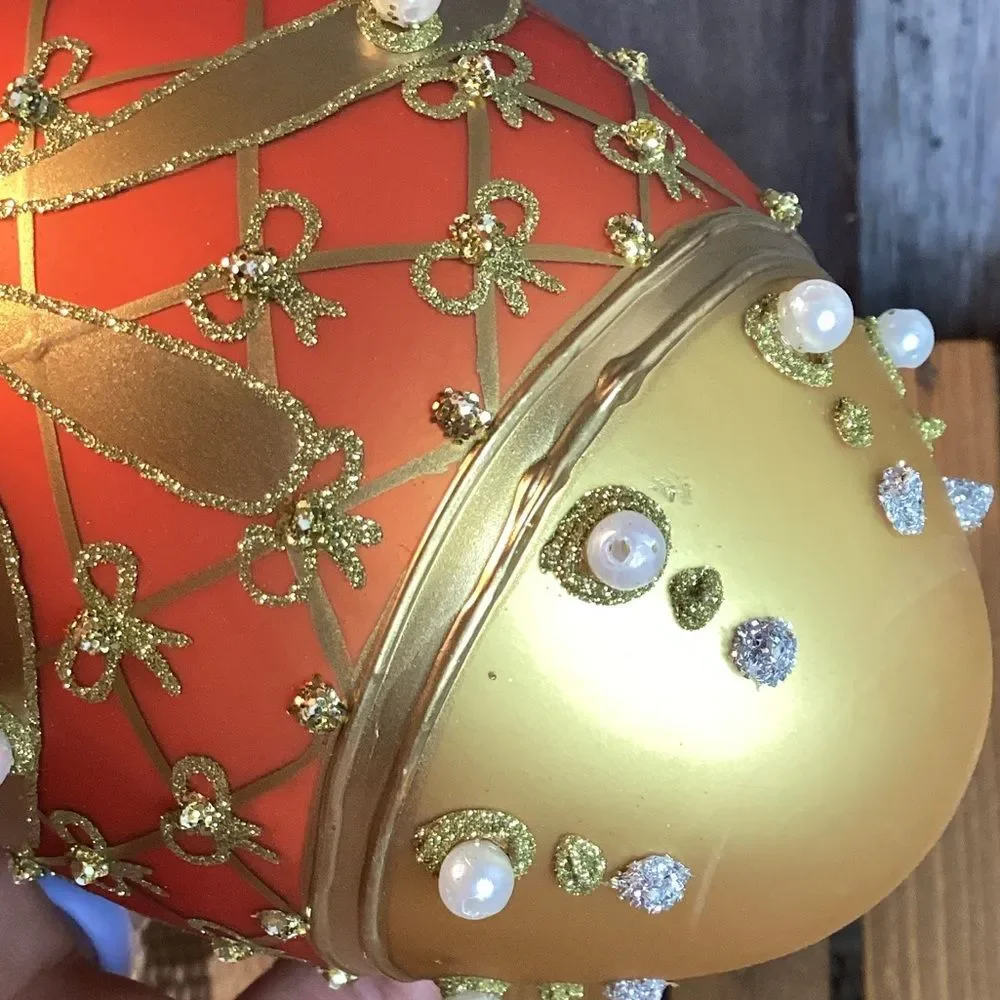The Museum Company Festive Gold and Red Ornamental Egg with Pearl Details